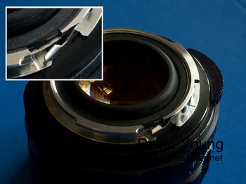 Lens with adapter mounted - inset shows latch.